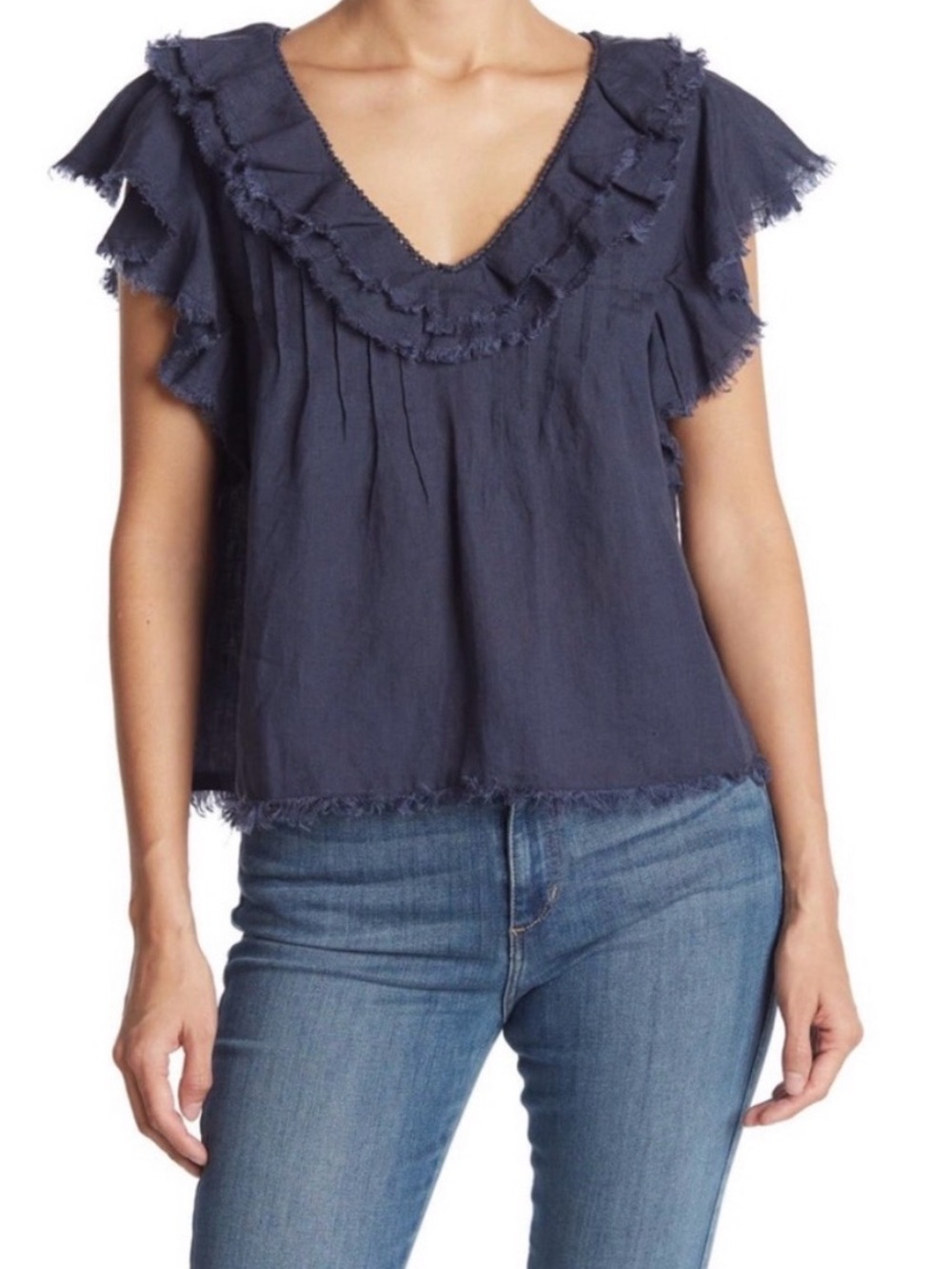 Faherty Blue ruffle linen top blouse size medium